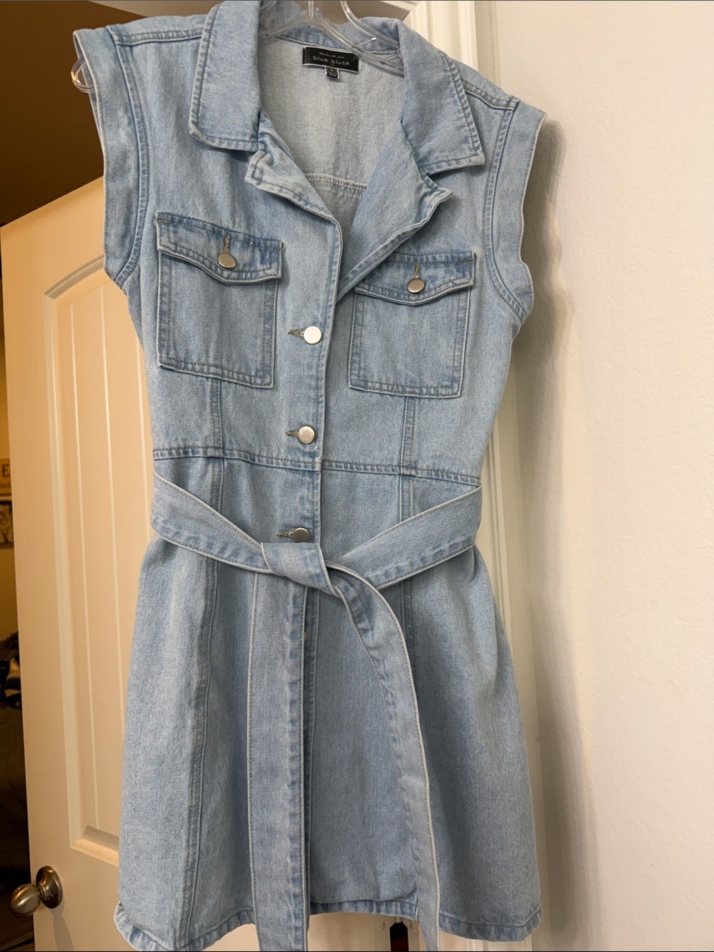 Blue Blush Light Blue Denim Sleeveless Button Dress with Tie Waist
